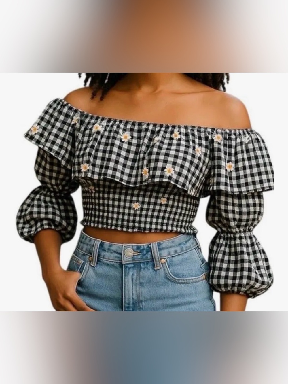 Zara Black & White Gingham Off-Shoulder Daisy Embroidered Crop Top